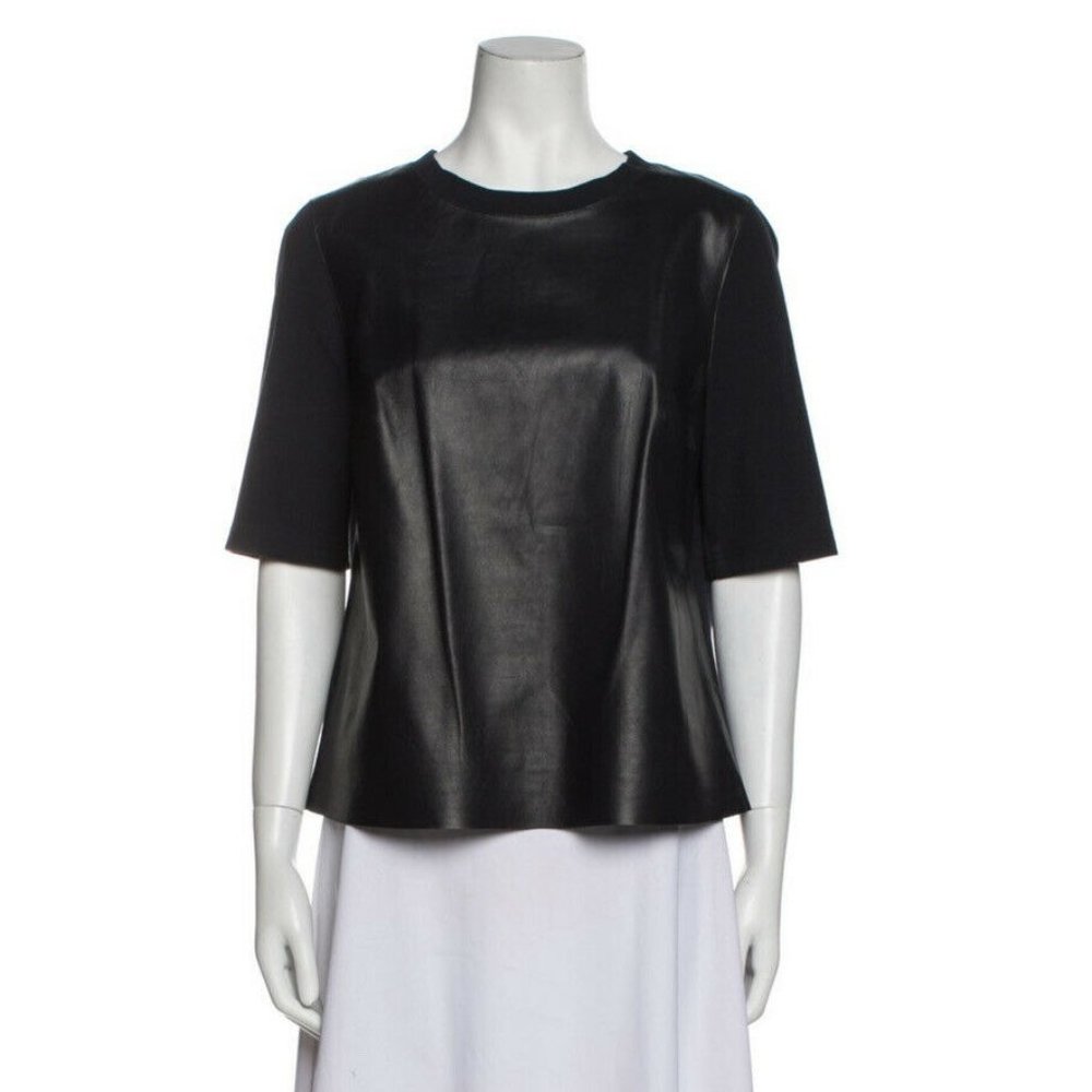 Akris Punto Lamb Nappa Leather Crew Neck Short Sleeves Blouse Top